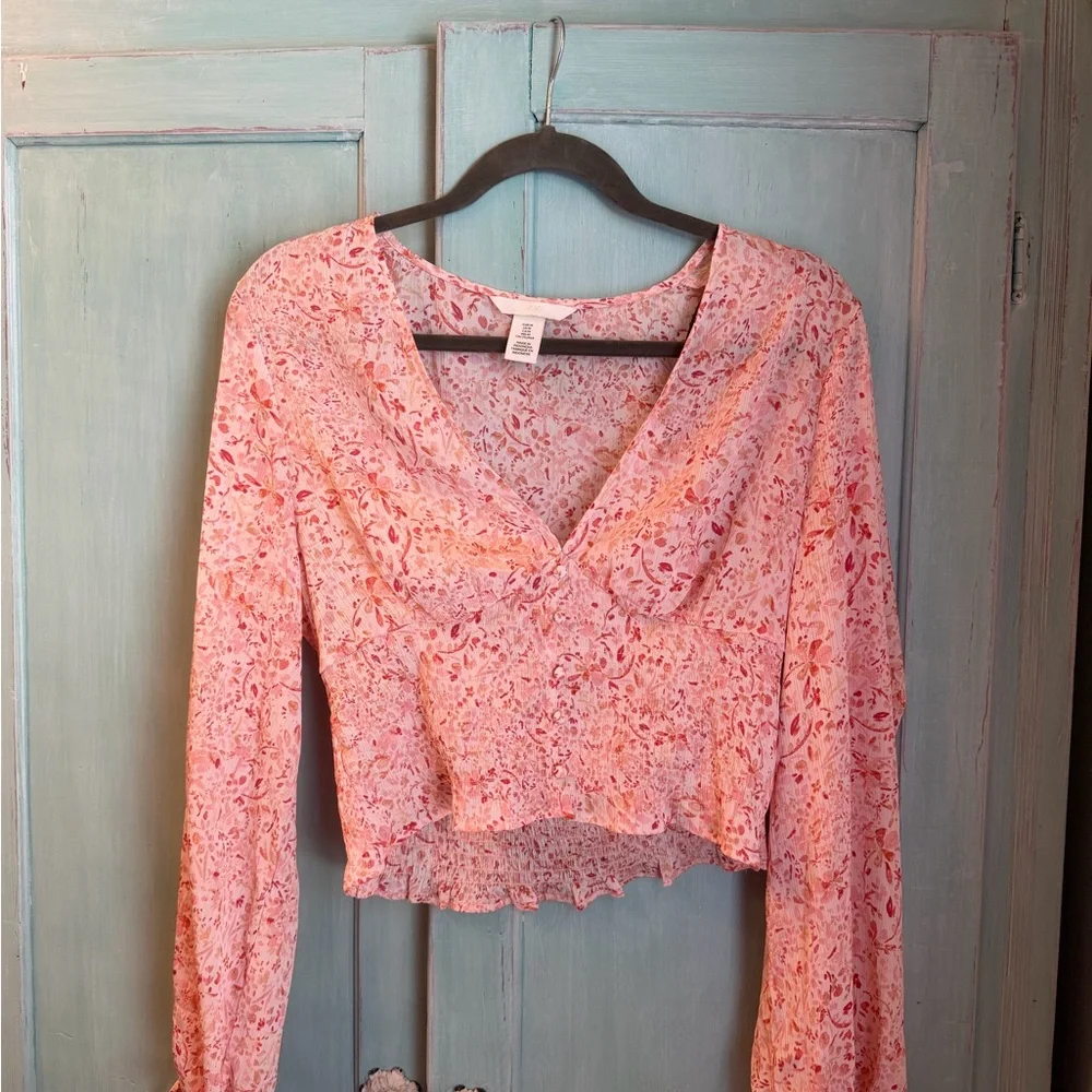 Pink Floral V-Neck Long Sleeve Top - H&M
